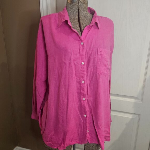 Bright Pink Boyfriend Style Linen Blend Shirt sz L - Picture 1 of 7